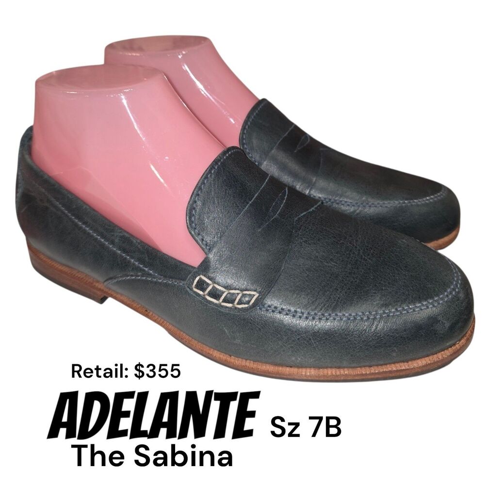 Adelante Sz 7B The Sabina Deep Denim Blue Handmade Career Leather Dress Loafers